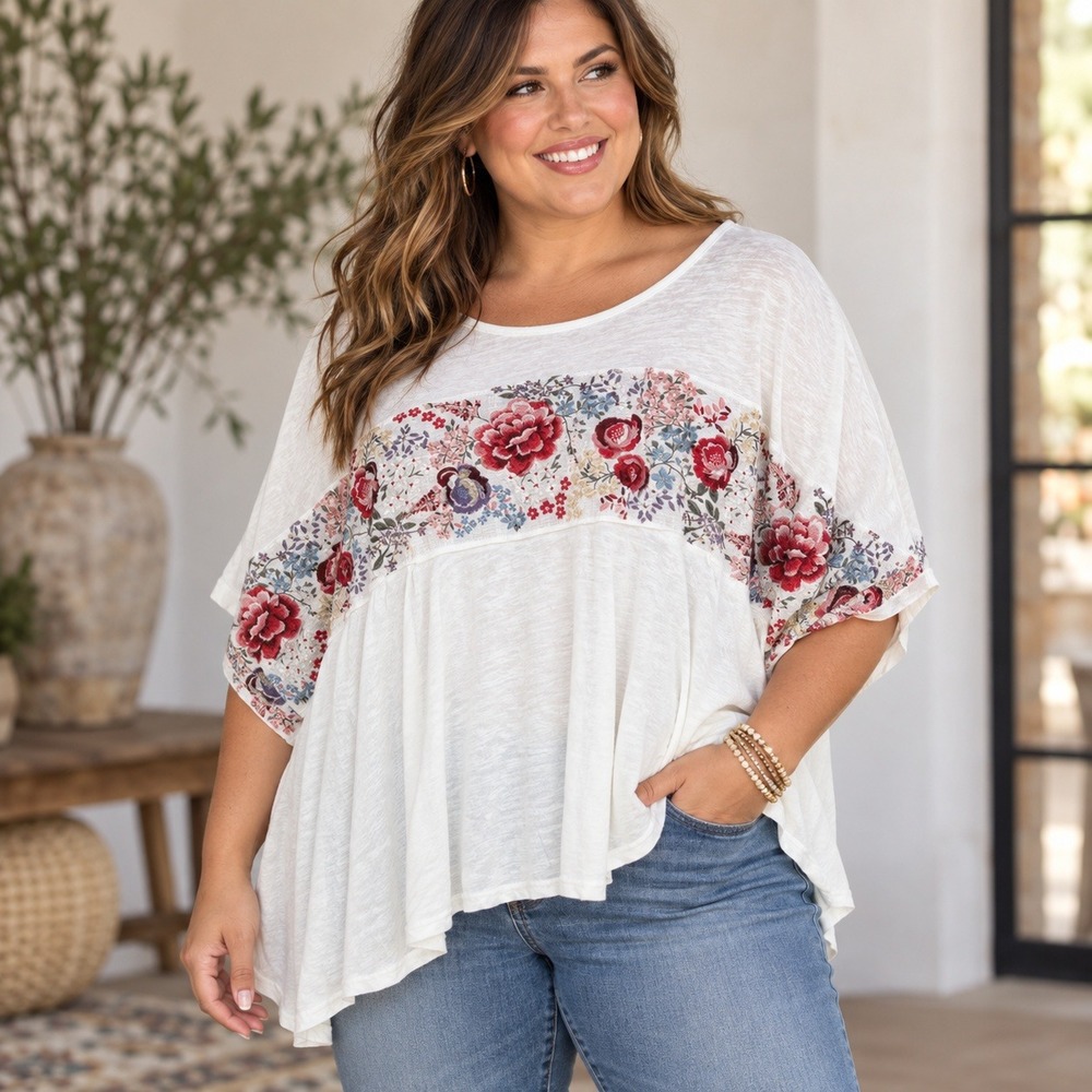 Savanna Jane White Floral Embroidered Boho Poncho Top 2X/3X Plus Size